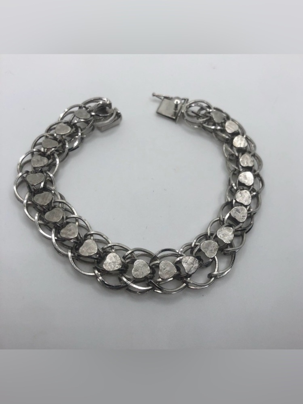 VTG Sterling Woven Link Heart Accent Charm Bracelet Slide Lock Clasp 7.5”